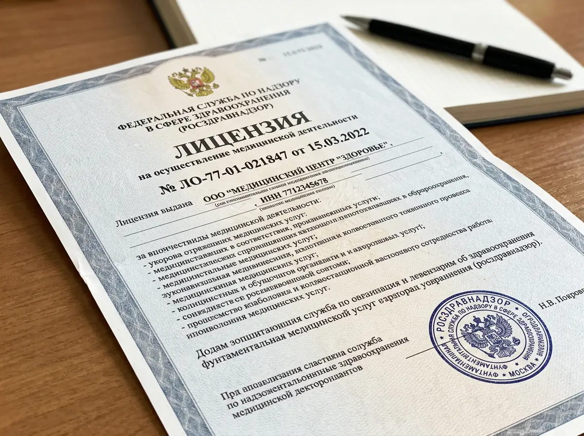 Лицензия на осуществление медицинской деятельности № ЛО-77-01-021847 от 15.03.2022 — официальный бланк Росздравнадзора, синяя печать, гербовая символика