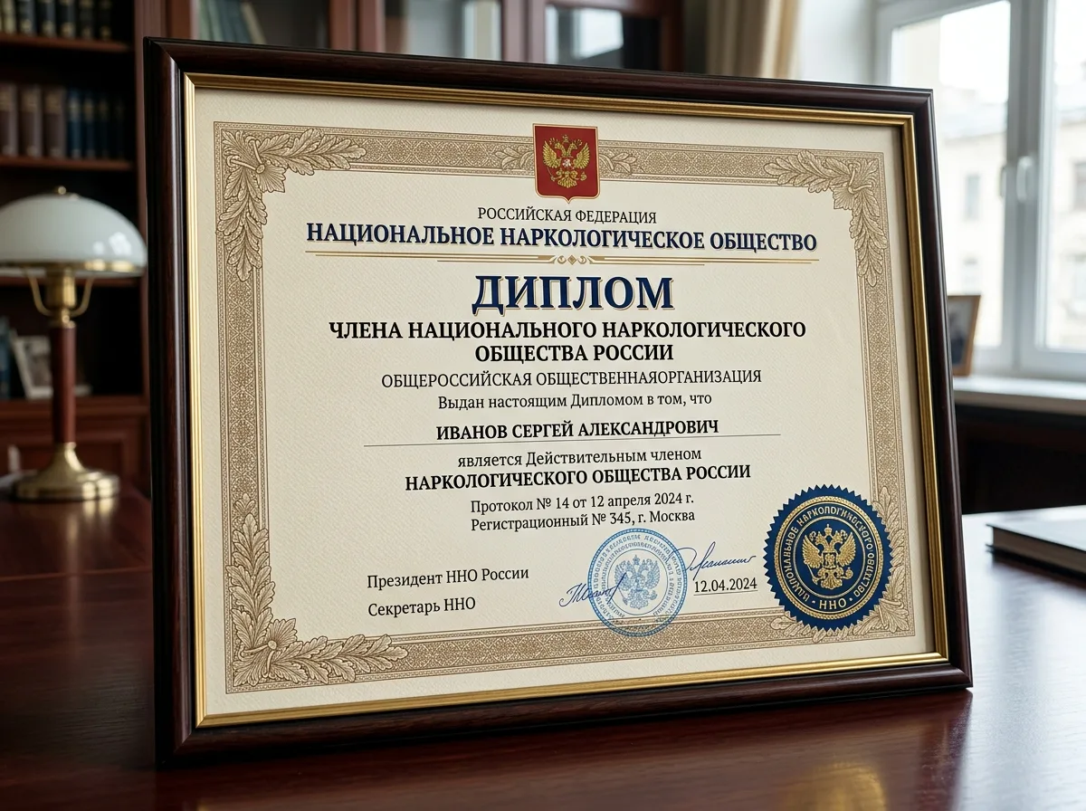 Диплом члена Национального наркологического общества России, официальный бланк с золотой печатью